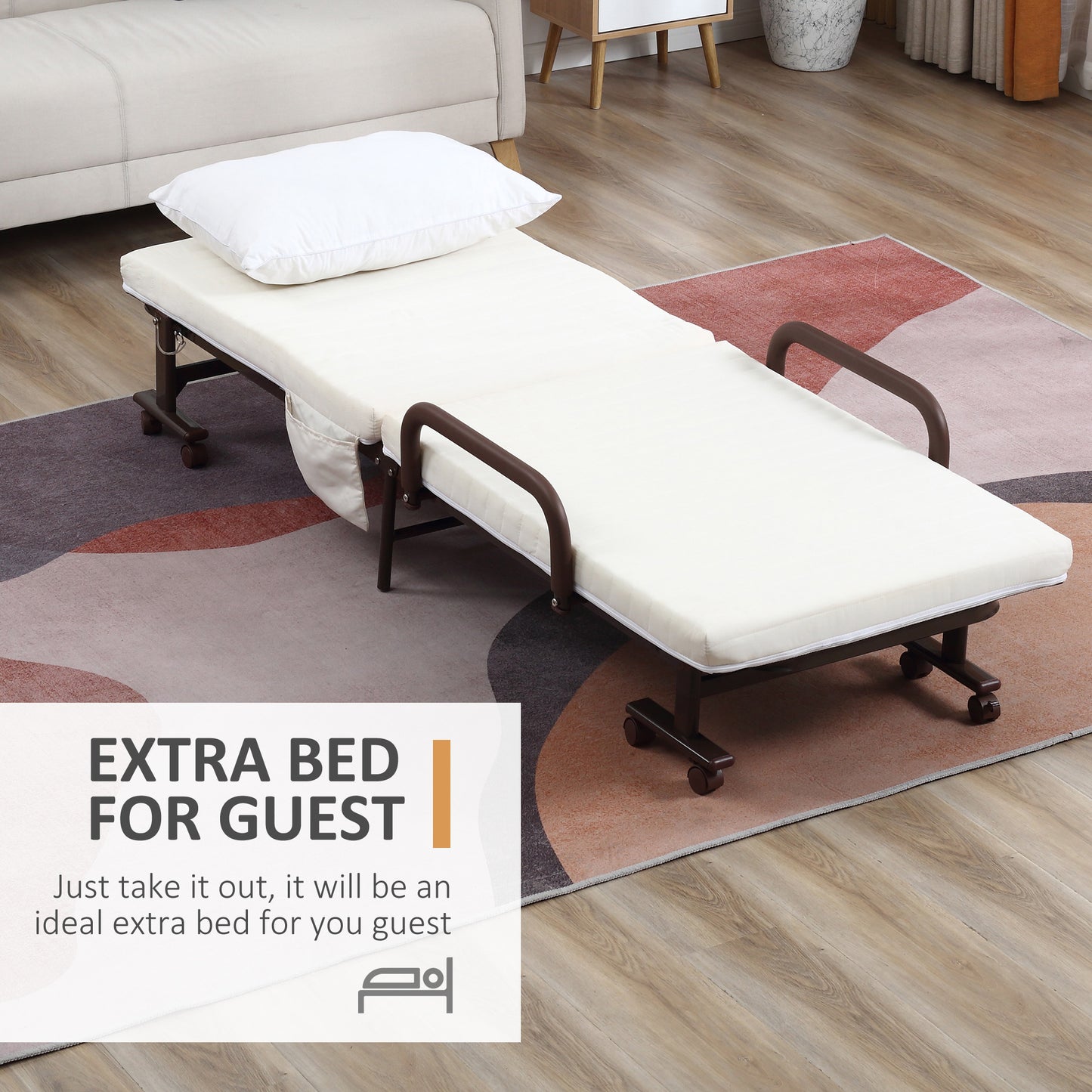 Folding Bed with Mattress, Single Guest Bed, Portable Fold Bed with Adjustable Backrest, White