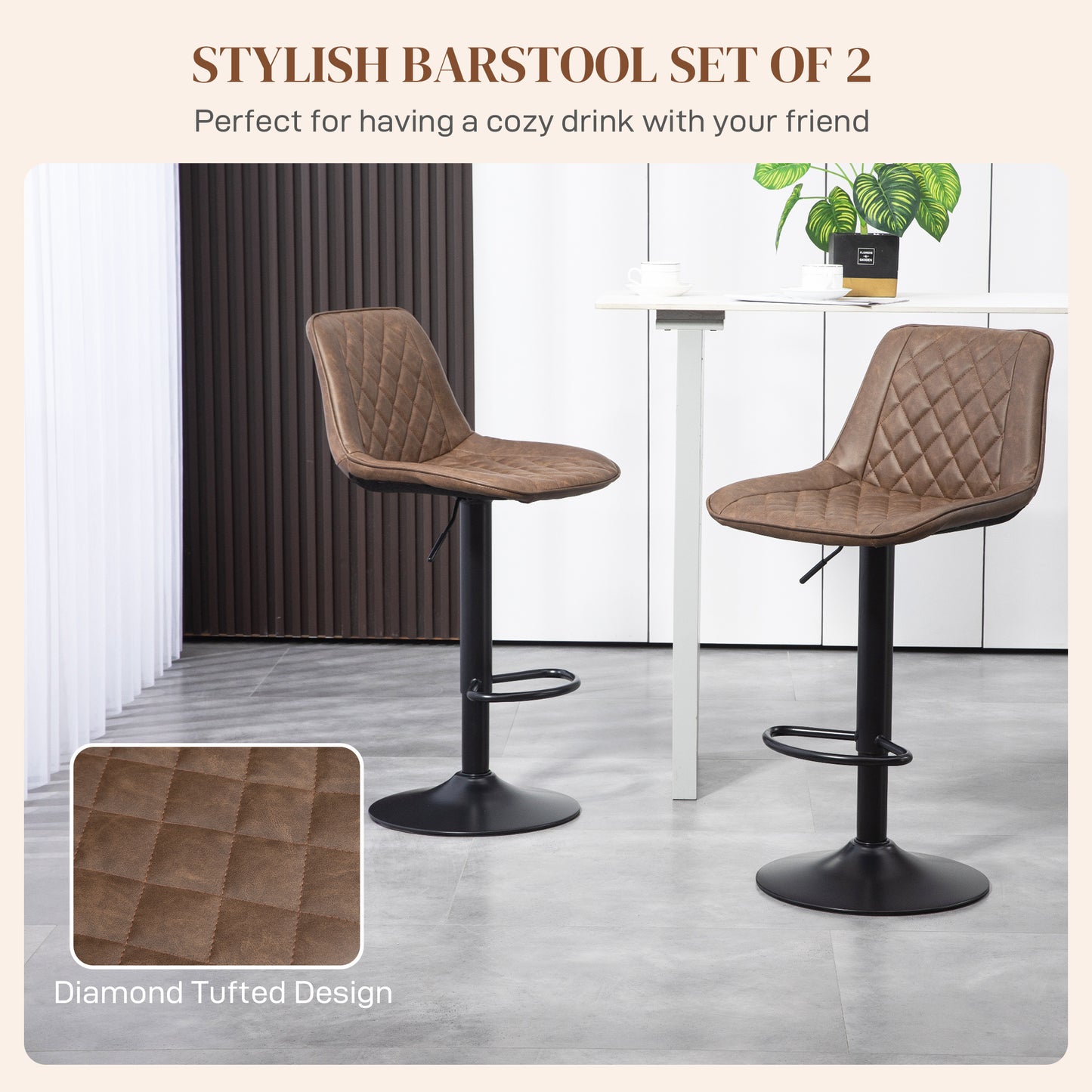 Bar Stools Set of 2, Retro Adjustable Kitchen Stool, Swivel PU Leather Upholstered Bar Chairs with Back