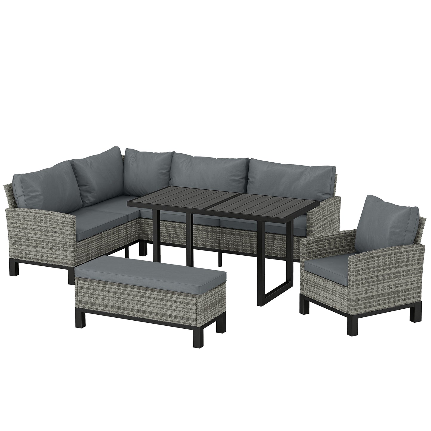 9 Seater Rattan Garden Furniture Corner Sofa Set, Outdoor Dining Set with Faux Wood Table, Ottoman, Cushions, Dark Grey