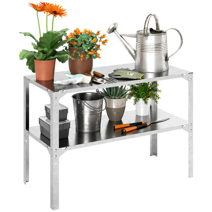 2 Tier Potting Bench Table, Galvanised Steel Garden Planting Work Bench Workstation with Storage Shelf for Outdoor, Patio