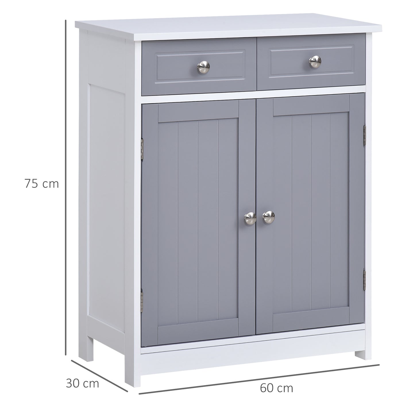 75x60cm Freestanding Bathroom Storage Cabinet Unit w/ 2 Drawers Cupboard Adjustable Shelf Metal Handles Traditional Style Gre