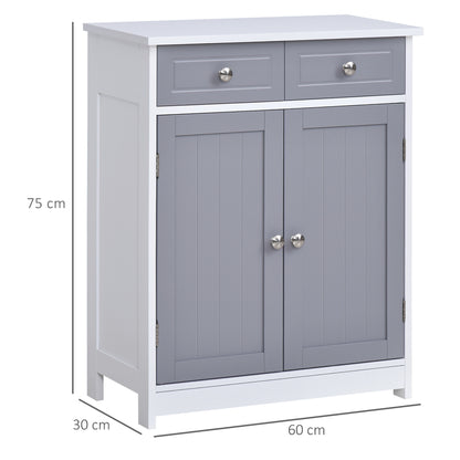 75x60cm Freestanding Bathroom Storage Cabinet Unit w/ 2 Drawers Cupboard Adjustable Shelf Metal Handles Traditional Style Gre