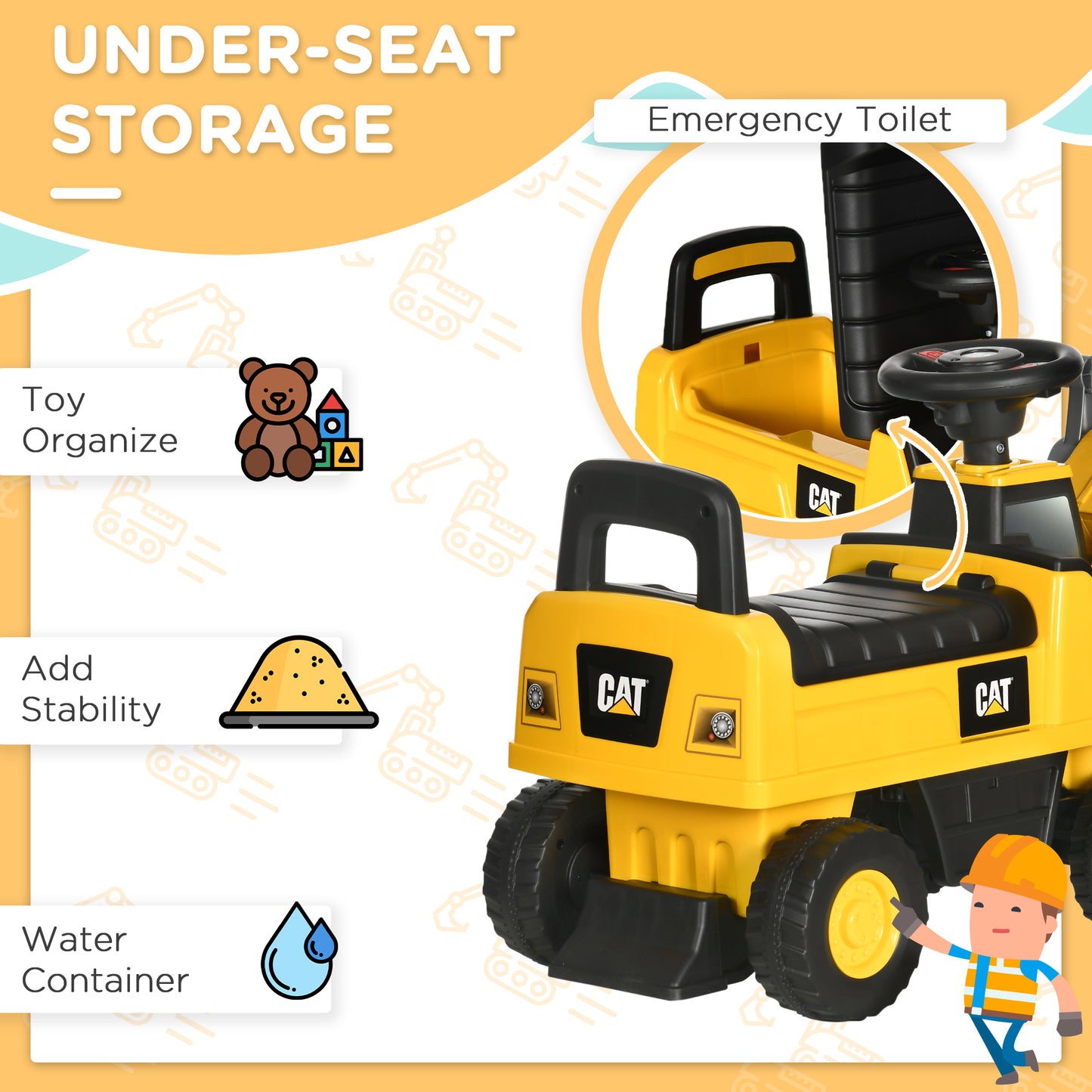 Ride on Tractor, CAT Licensed Kids Ride On Digger Excavator, Construction Toy Car with Adjustable Bucket, Horn