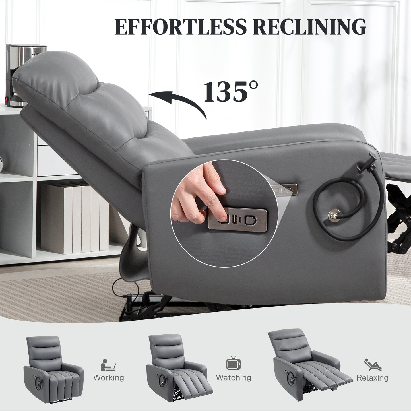 Electric Recliner Armchair with USB + Type C Charge Port, Phone Holder, PU Leather Reclining Chair with Adjustable Leg Rest