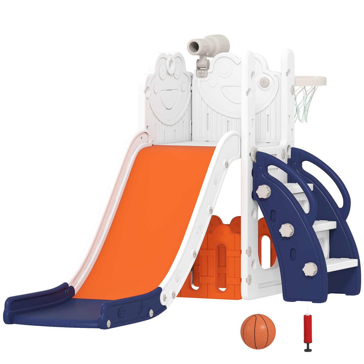 5 in 1 Kids Slide Set with Basketball Hoop, Climbing Frame, Telescope, Storage Box for Toddlers Ages 1-3, Orange
