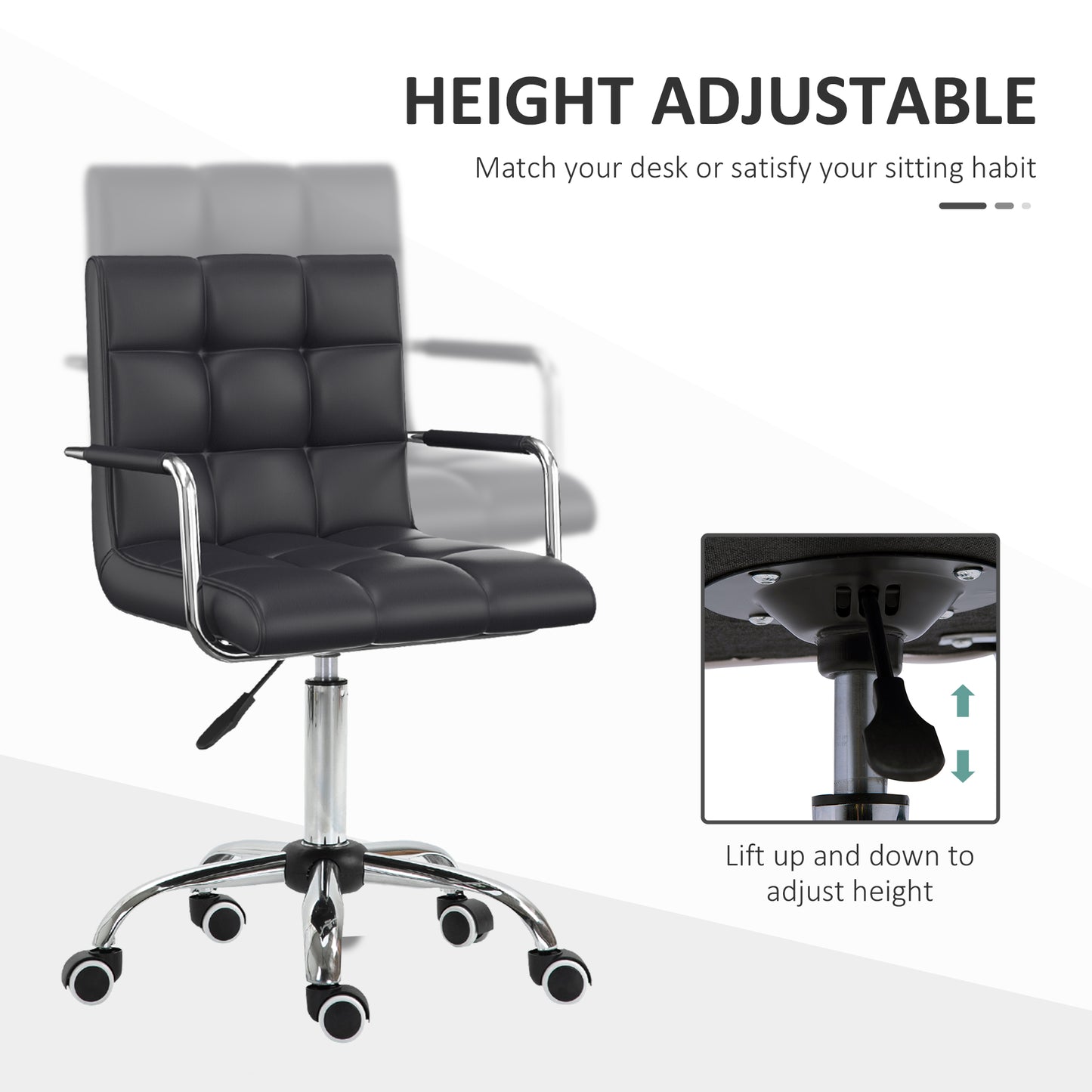 Makeup Vanity Chair, PU Leather Mid Back Office Chair with Adjustable Height, Armrest and Rolling Wheels, Black