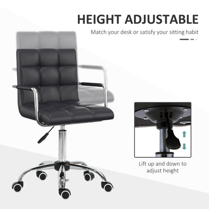 Makeup Vanity Chair, PU Leather Mid Back Office Chair with Adjustable Height, Armrest and Rolling Wheels, Black