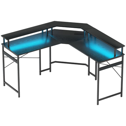 'L' Shaped Work Desk, with LED Lights - Black