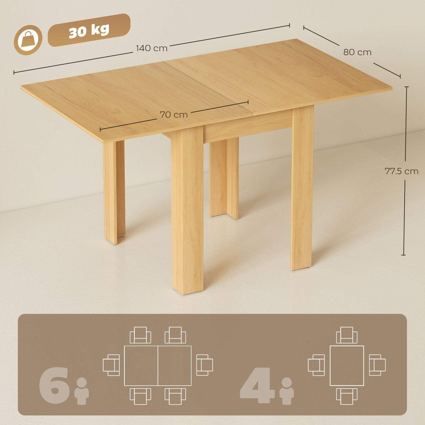 Folding Dining Table for 4-6, Rectangular Extendable Drop Leaf Table for Small Spaces, 140 x 80 x 77.5 cm, Natural