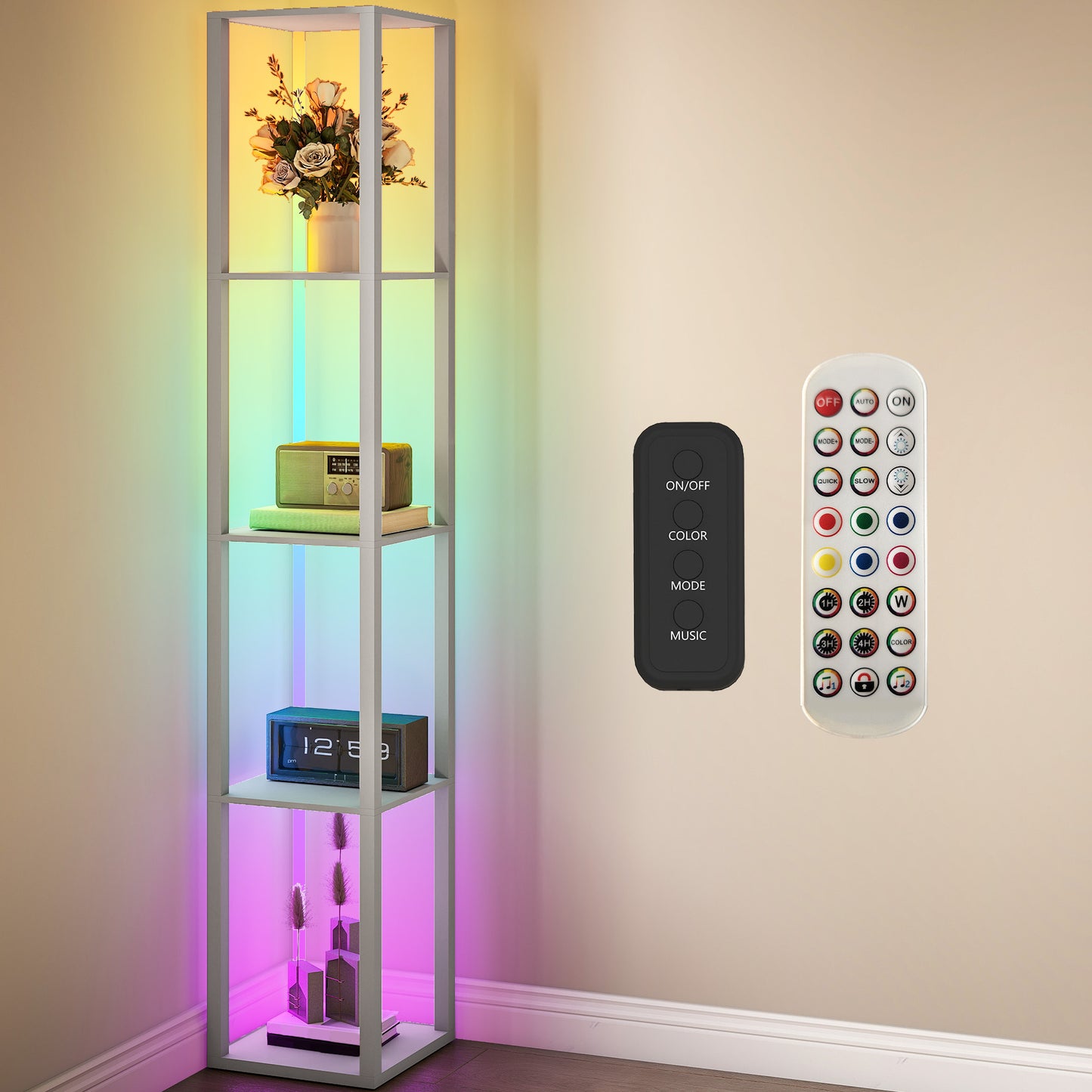 RGB LED Floor Lamp with Shelves, Modern Dimmable Standing Lamp with Remote Control