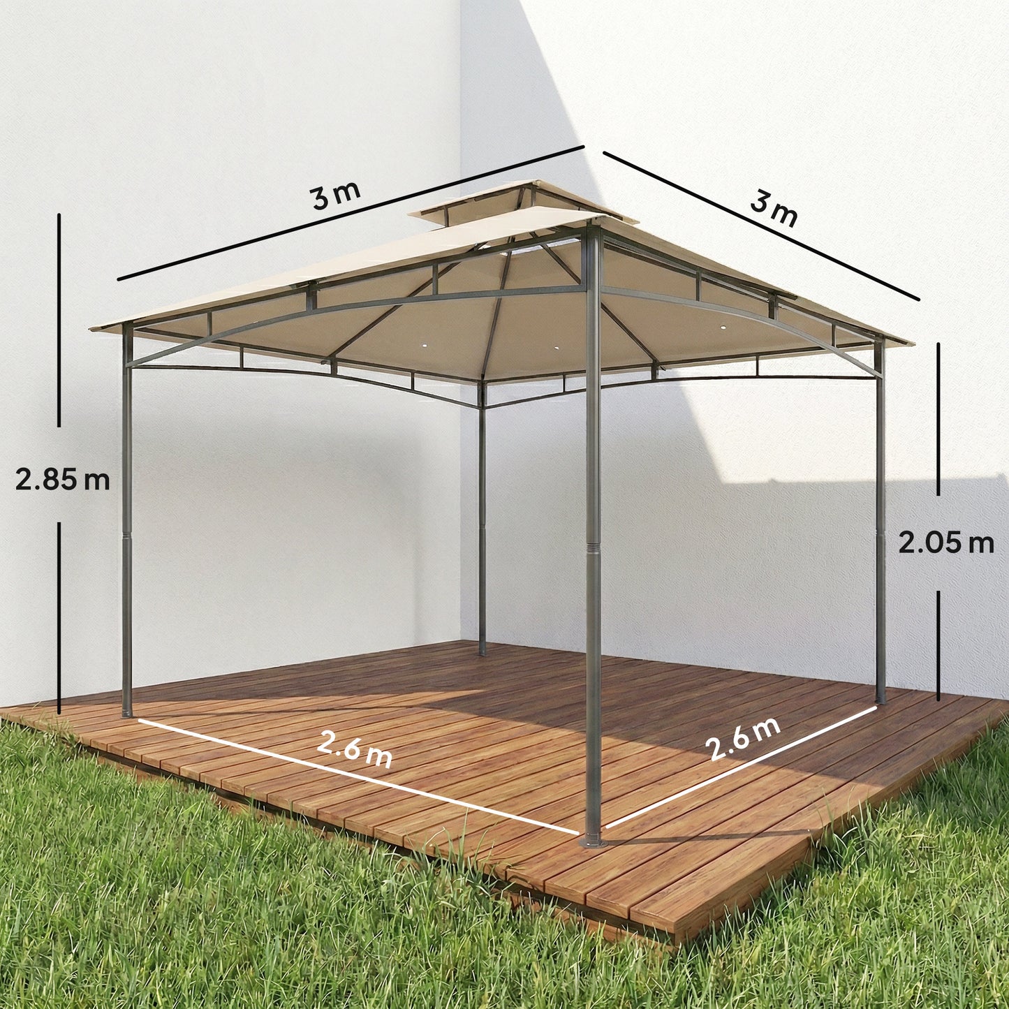 3 x 3 m Gazebo, Garden Gazebo with 2-Tier Roof, Metal Frame, Khaki