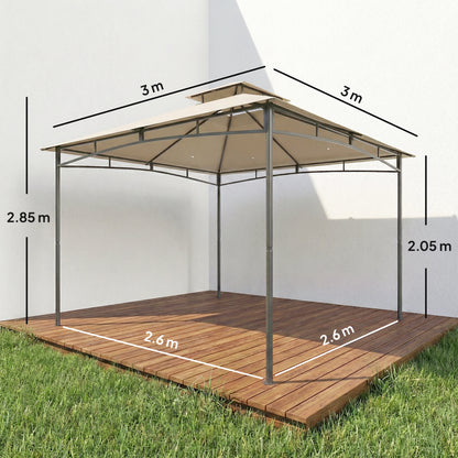 3 x 3 m Gazebo, Garden Gazebo with 2-Tier Roof, Metal Frame, Khaki