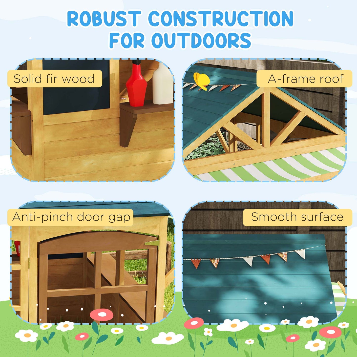 Wooden Playhouse for Kids, Foldable Wendy House with Windows, Working Door, Service Stations, Rain Covers, Brown