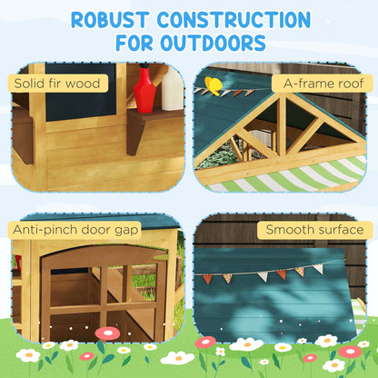 Wooden Playhouse for Kids, Foldable Wendy House with Windows, Working Door, Service Stations, Rain Covers, Brown