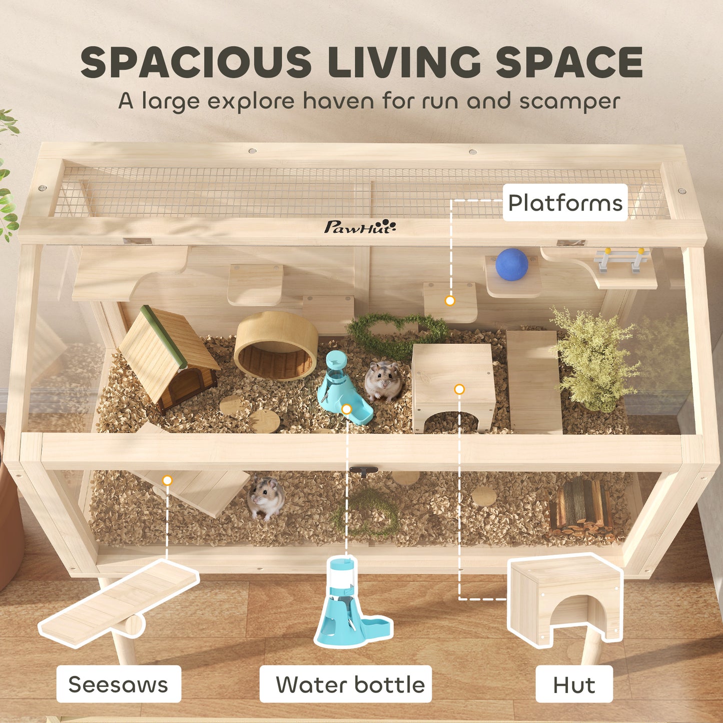 Wooden Hamster Cage, Hamster Habitat with Openable Top, Seesaws, Platforms, Water Bottle for Gerbils, 110 x 52 x 101 cm