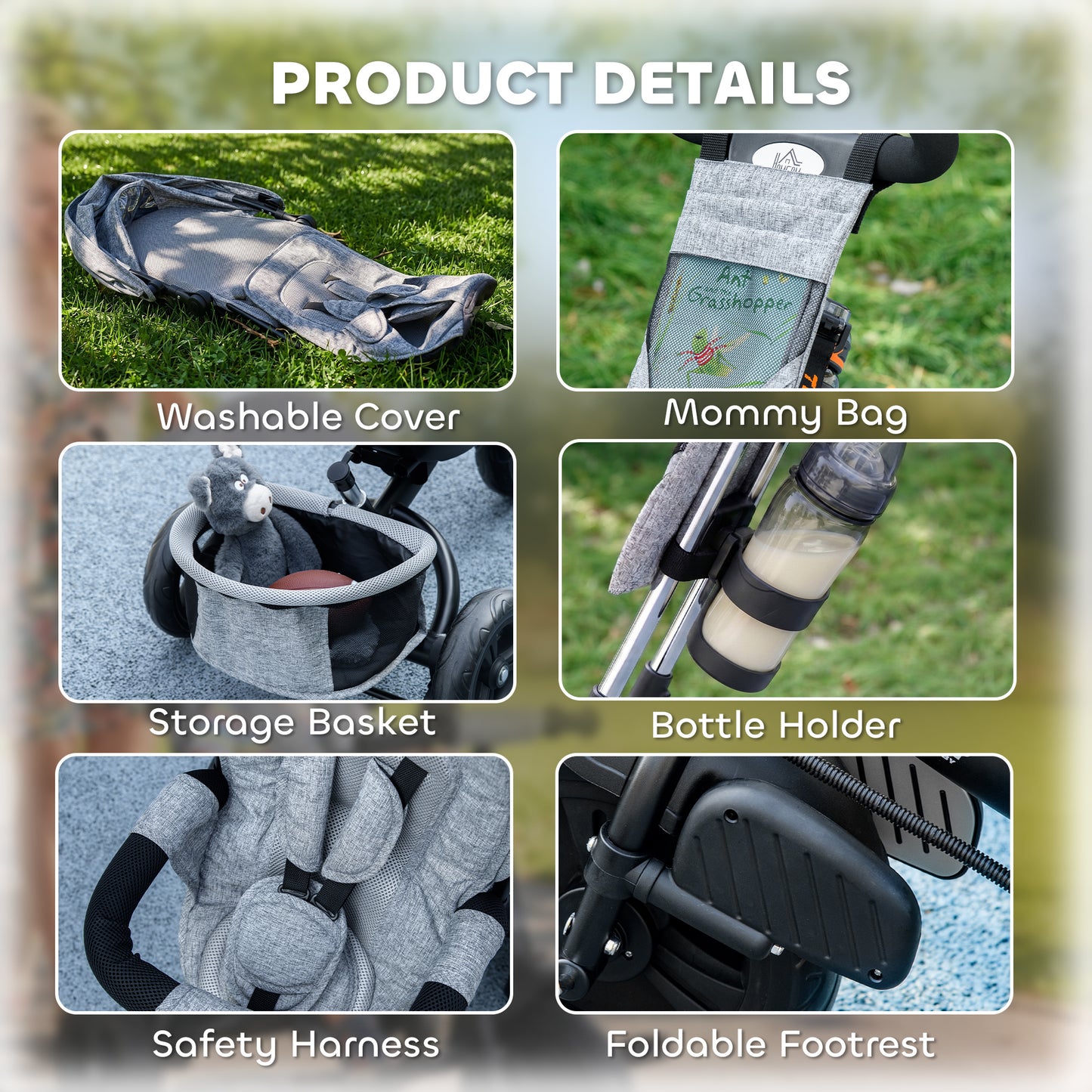 6 in 1 Kids Trike with Parent Handle, Canopy, 5-point Seat Belt, Storage, Footrest, Brake, for 1-5 Years, Grey