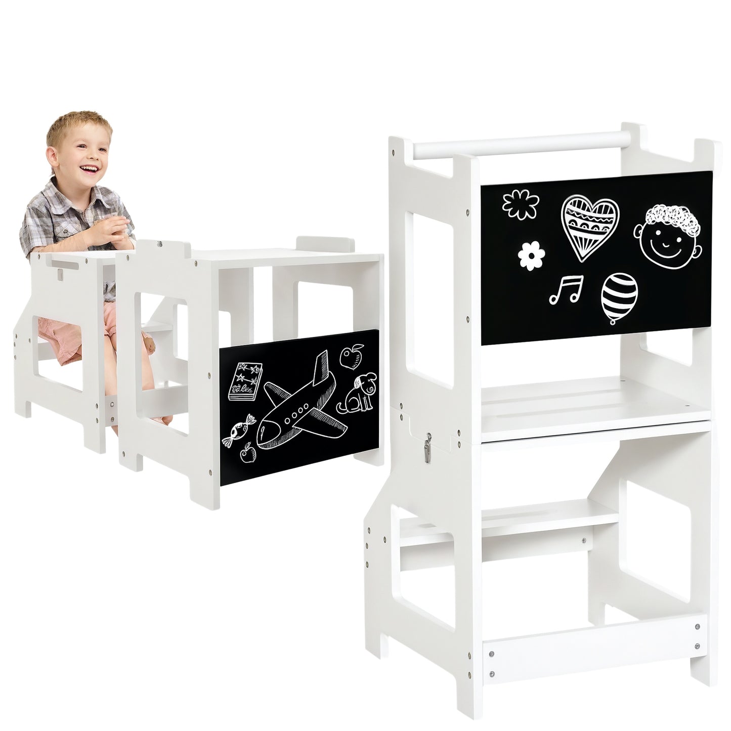 Toddler Learning Tower, 2 in 1 Toddler Step Stool for Kids with Chalkboard and Security Rail