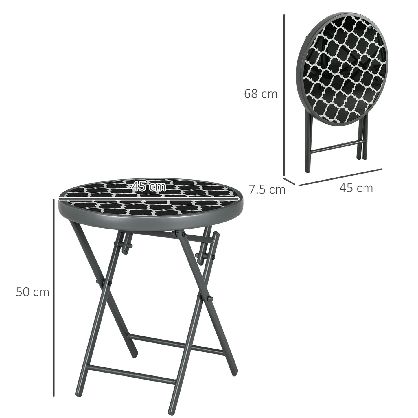 Φ45cm Garden Side Table, Outdoor Round Folding Patio Table with Imitation Marble Glass Top, Small Coffee Table
