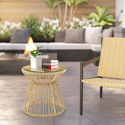 Round End Table, Rattan Side Table, Hollow Drum Design Coffee Table w/ Glass Tabletop for Patio, Garden, Balcony Natural