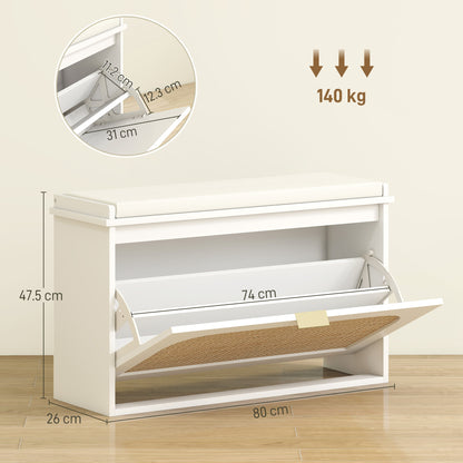 Boho Shoe Bench with Padded Seat and Flip-Drawer - White