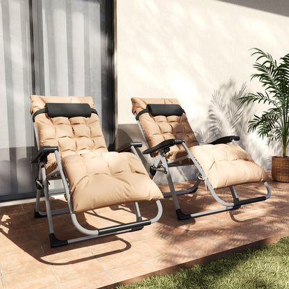 2 Piece Reclining Zero Gravity Sun Loungers with Cushions, Khaki
