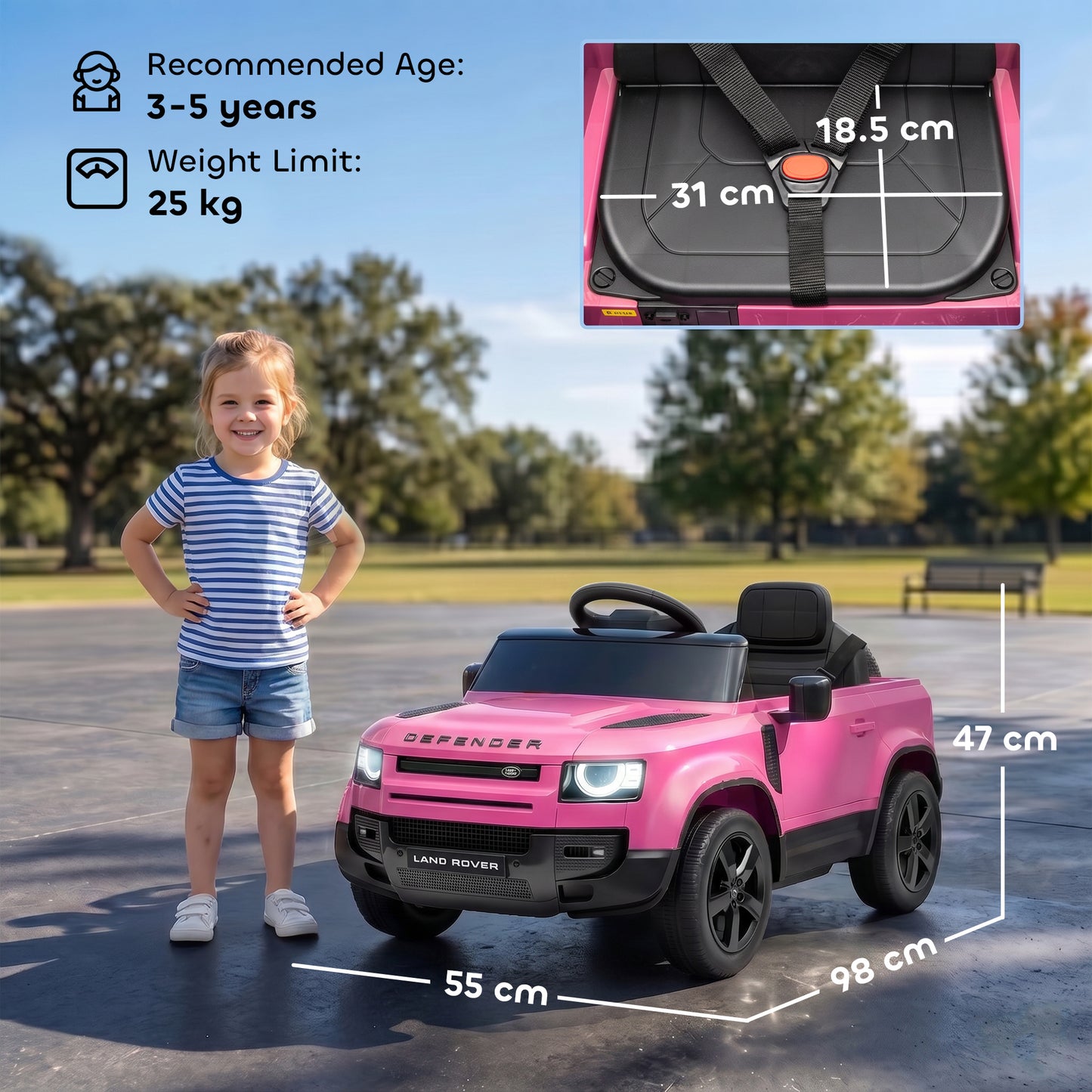 Land Rover Licensed 12V Kids Ride on Car with Remote, Suspension, Slow Start, 3 Speeds, Lights, Music, Horn, Pink