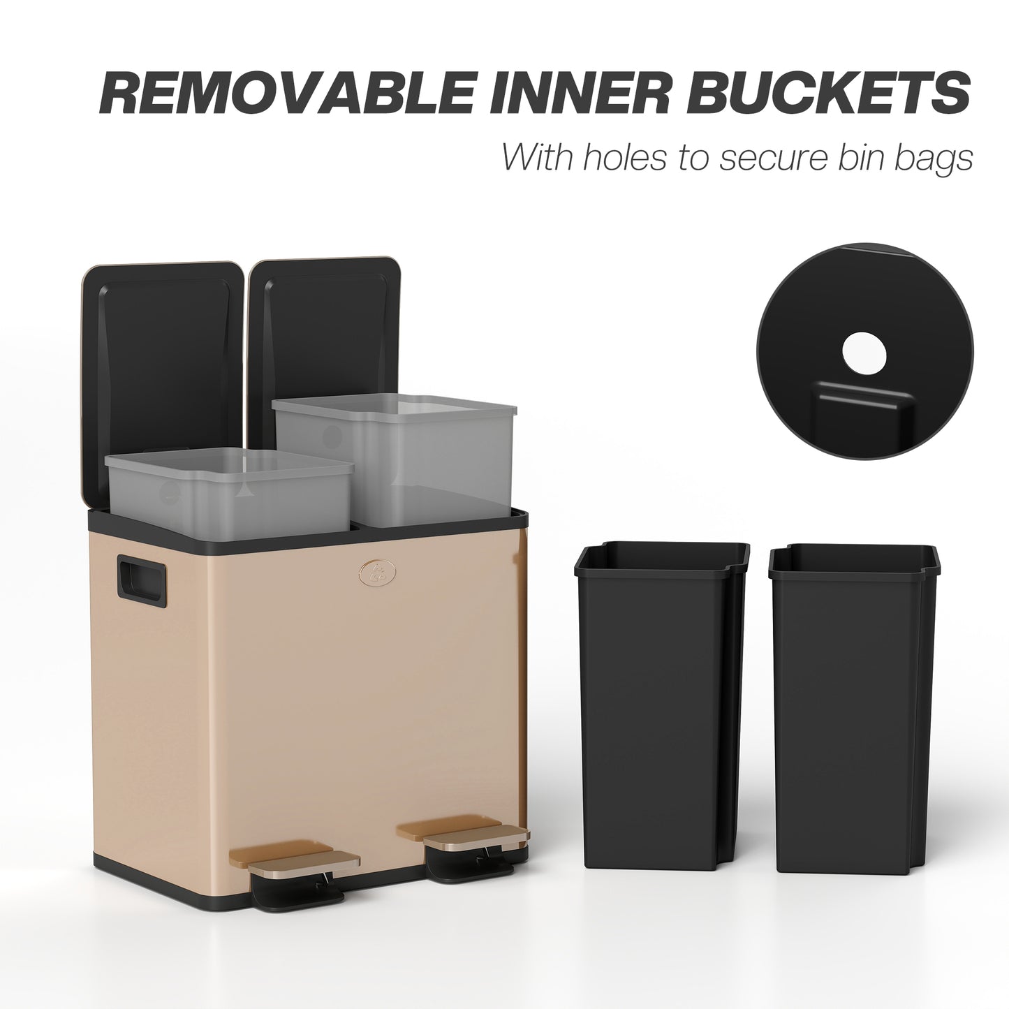 30L Dual Compartment Stainless Steel Bin, with Deodoriser Holders - Gold Tone