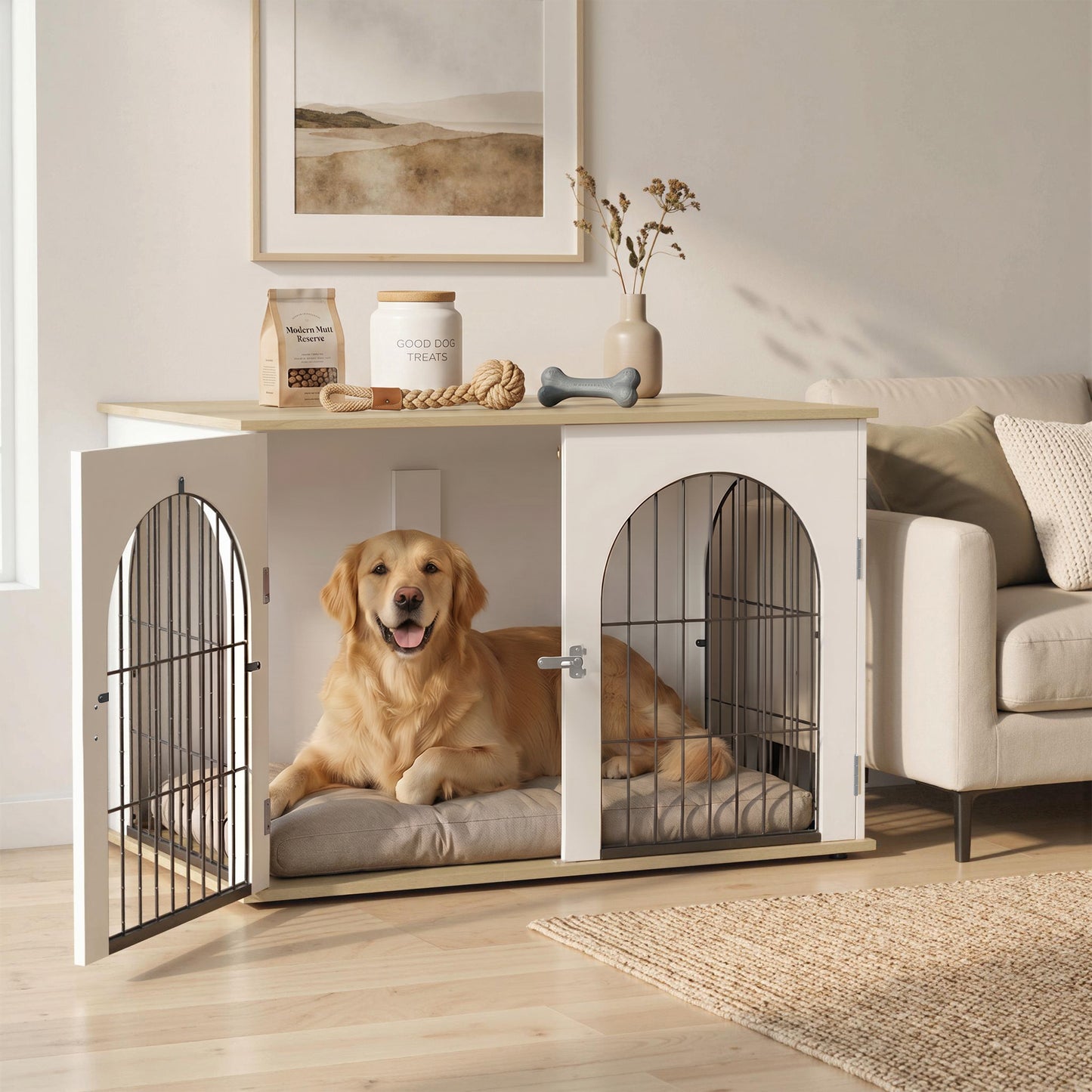 Dog Crate Furniture, Indoor Dog Cage with Double Doors for Large Breeds, Pet Kennel End Side Table