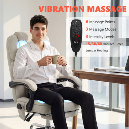 Office Chair with 6-point Vibration Massage and Heat, Fabric Desk Chair with Footrest, High Back, Cream White