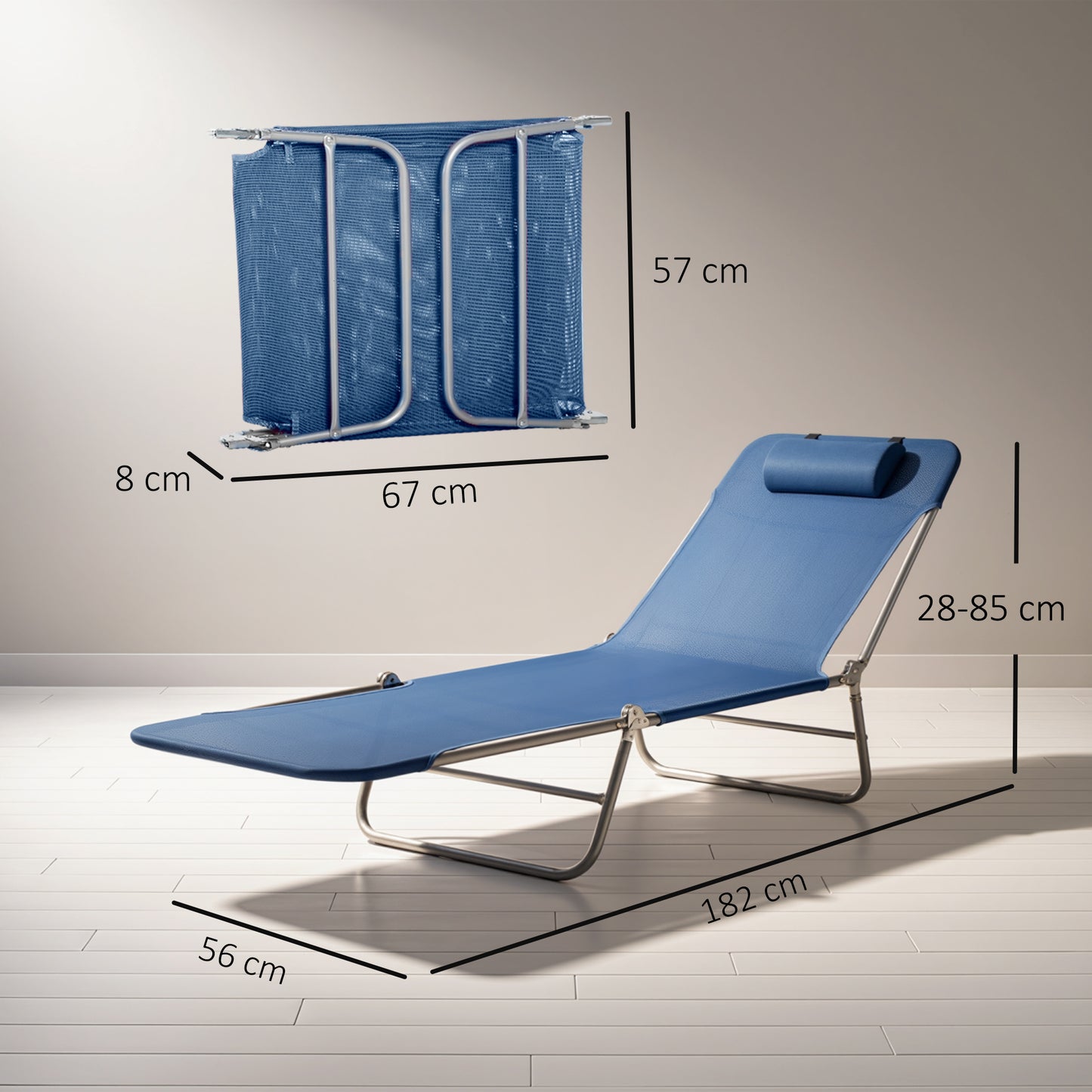 Folding Sun Lounger with Head Pillow - Dark Blue