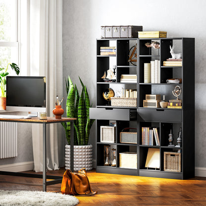 Tall Bookshelf with Drawer, Freestanding Bookcase for Bedroom, Living Room, Home Office, Black