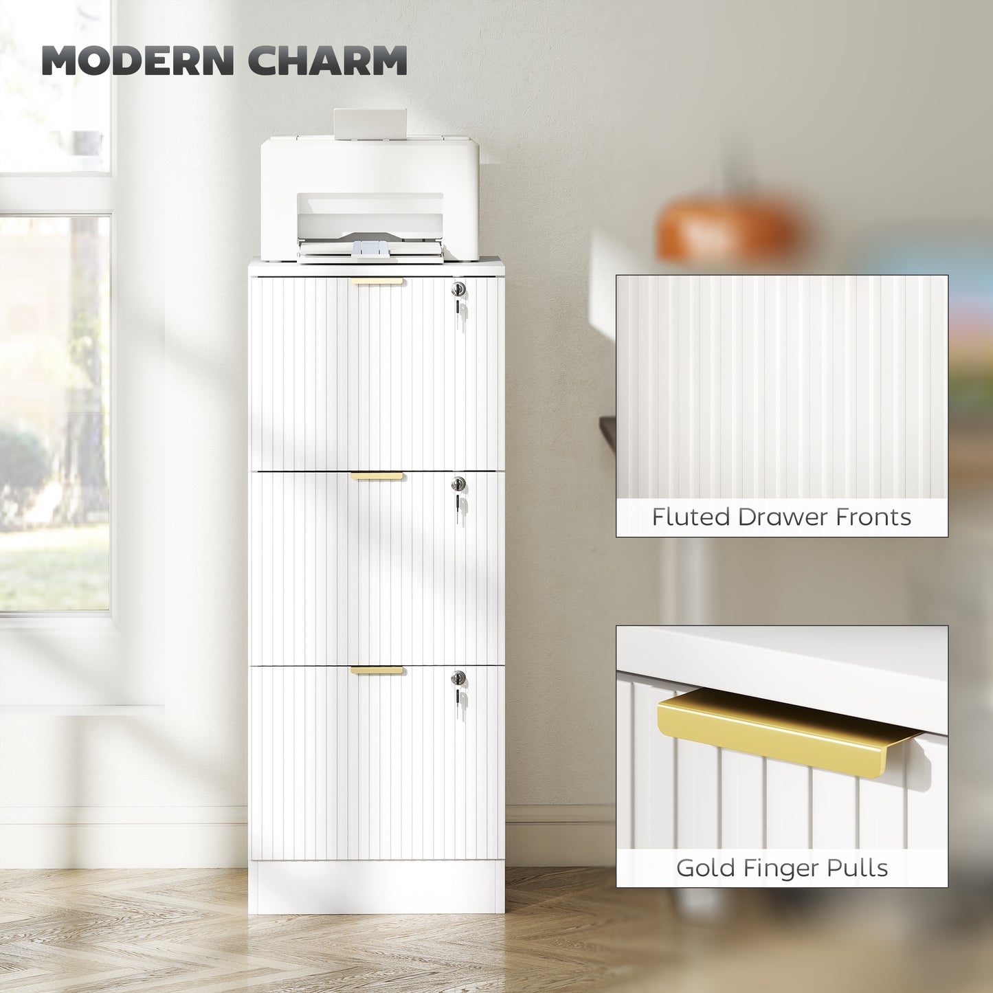 Filing Cabinet, Fluted Vertical File Cabinet with 3 Lockable Drawers and Hanging Rails, White