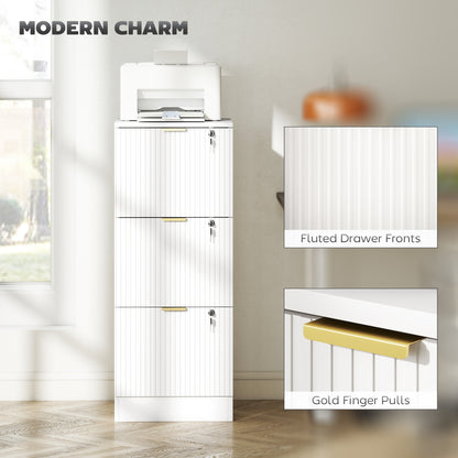 Filing Cabinet, Fluted Vertical File Cabinet with 3 Lockable Drawers and Hanging Rails, White