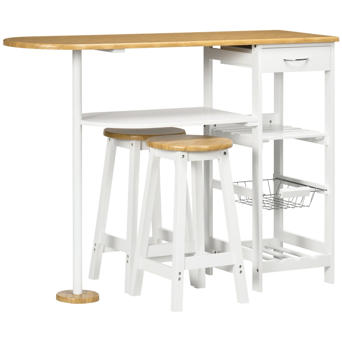 3 Piece Bar Table Set, Breakfast Bar table and Stools with Storage Shelf, Drawer, Wire Basket and Wine Rack for Kitchen