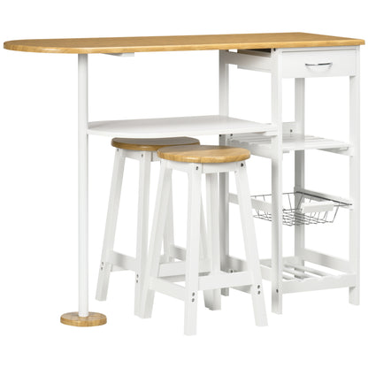 3 Piece Bar Table Set, Breakfast Bar table and Stools with Storage Shelf, Drawer, Wire Basket and Wine Rack for Kitchen