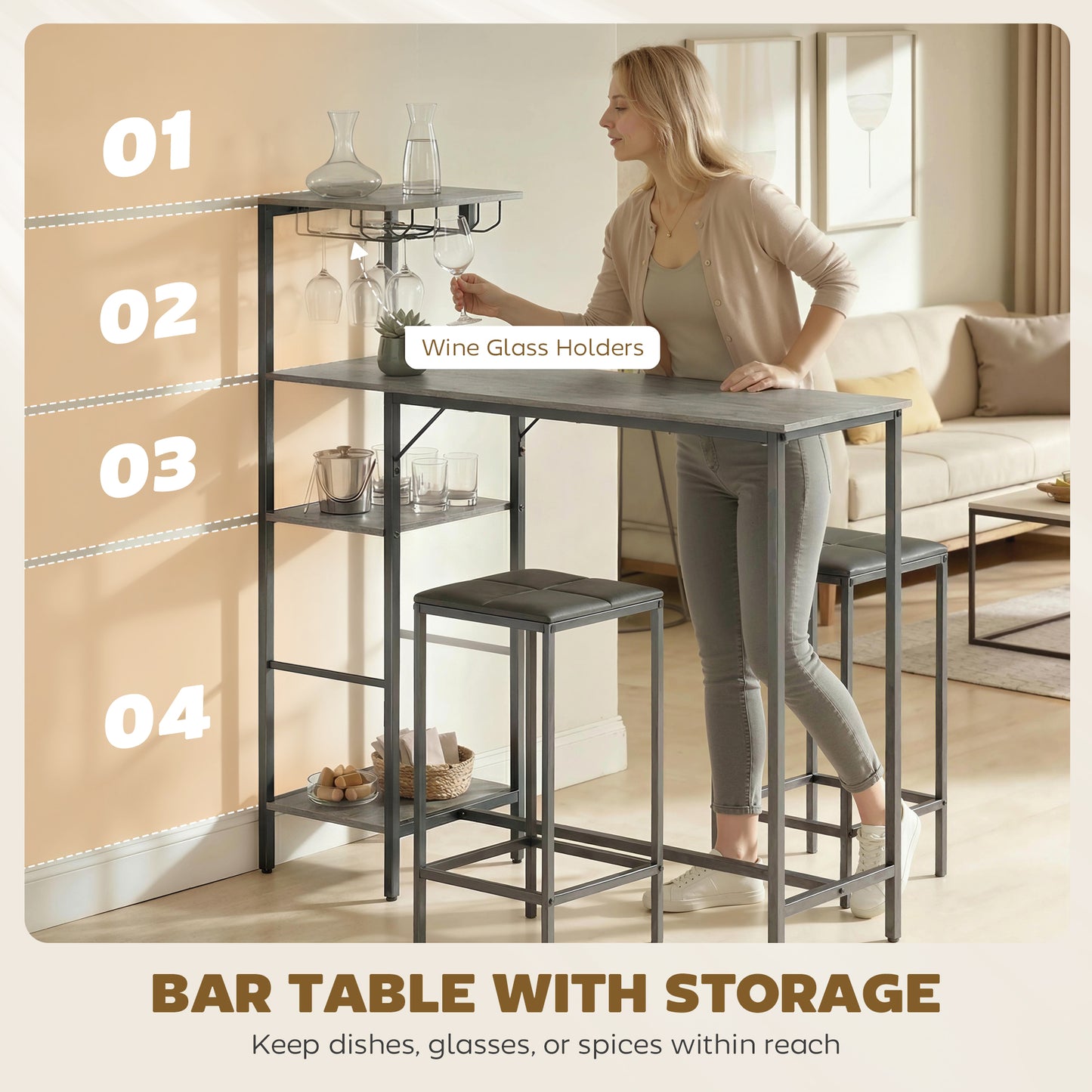 3 Piece Breakfast Bar Table and Stools Set, Washed Grey