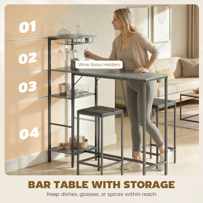 3 Piece Breakfast Bar Table and Stools Set, Washed Grey