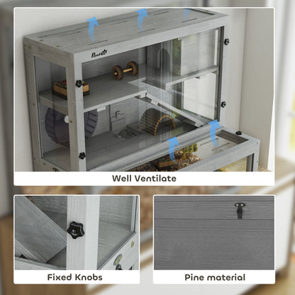 Wooden Hamster Cage with Hut, Wheel, Ramps, Removable Viewing Panels, 80 x 50 x 84 cm, Grey