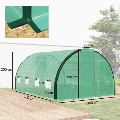 4 x 3 m Polytunnel Greenhouse, with Windows and Doors - Green