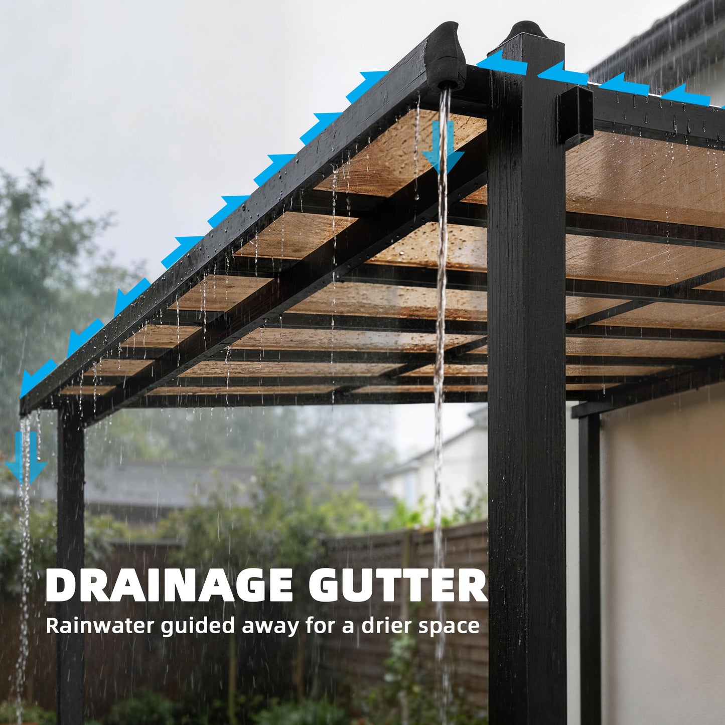 3.6 x 3 m Lean to Garden Pergola with PC Roof, Aluminium Frame Hardtop Gazebo Pergola with Drainage Gutters, Dark Grey