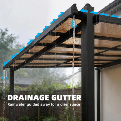 3.6 x 3 m Lean to Garden Pergola with PC Roof, Aluminium Frame Hardtop Gazebo Pergola with Drainage Gutters, Dark Grey