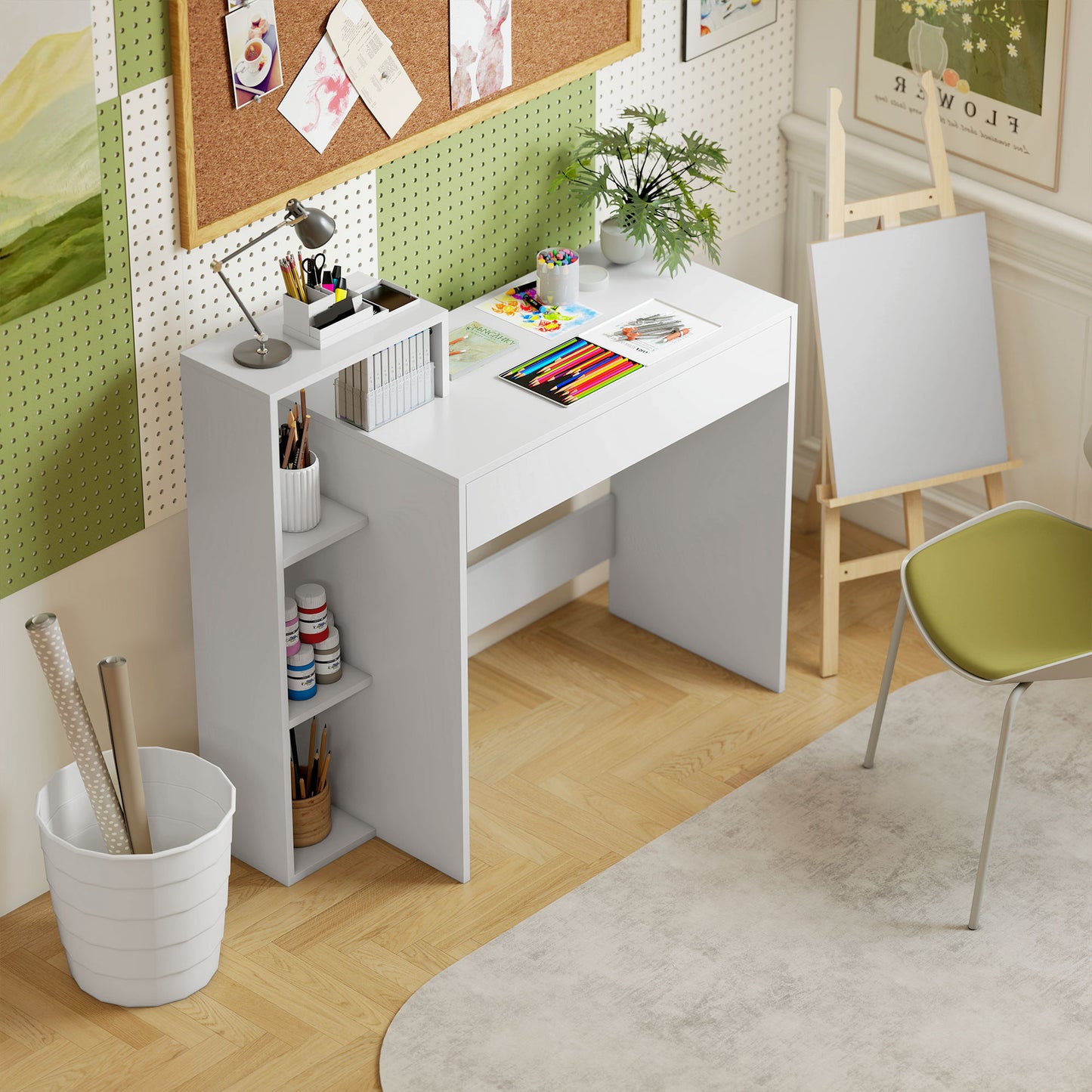 Desk with Storage, Computer Desk with 3 Open Shelves and Drawer, Workstation, Computer Table, White