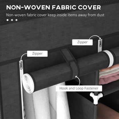 Fabric Wardrobe, with Rails and Shelves - Black