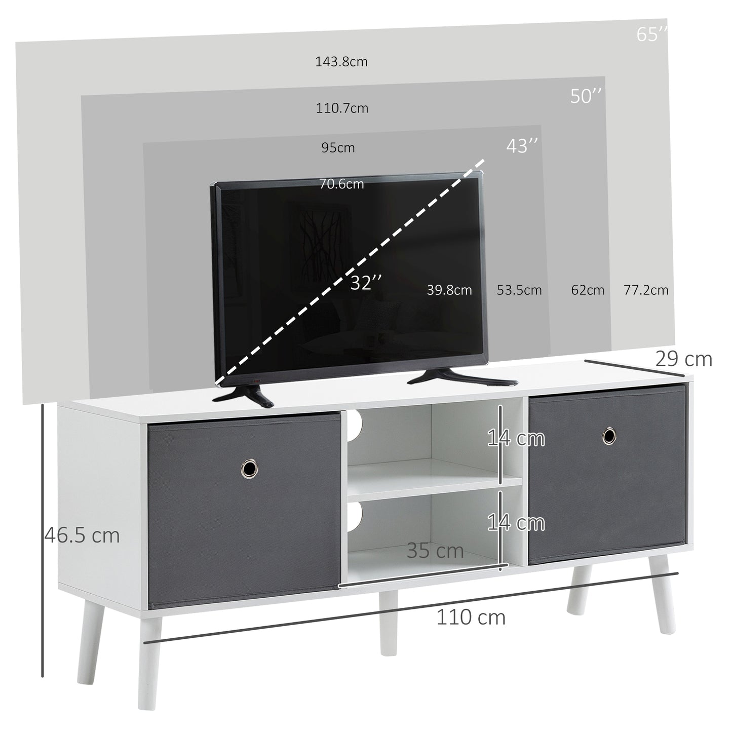 TV Cabinet Stand Unit for TVs up to 50'' with Foldable Drawers, Entertainment Centre for Living Room White