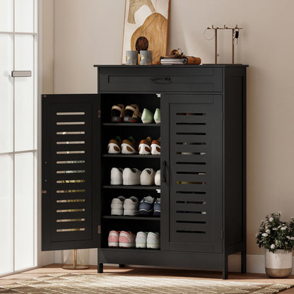 Shoe Cabinet with Louvered Doors, Modern Shoe Storage Cabinet with Drawer and Adjustable Shelves, Black