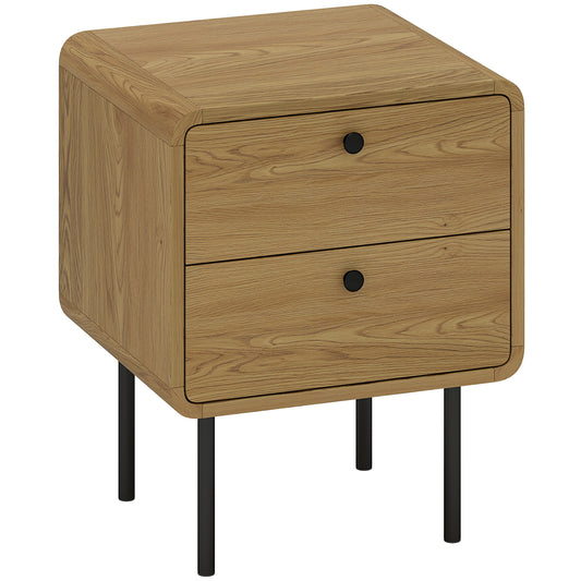 Bedside Table with 2 Drawers and Steel Legs - Oak
