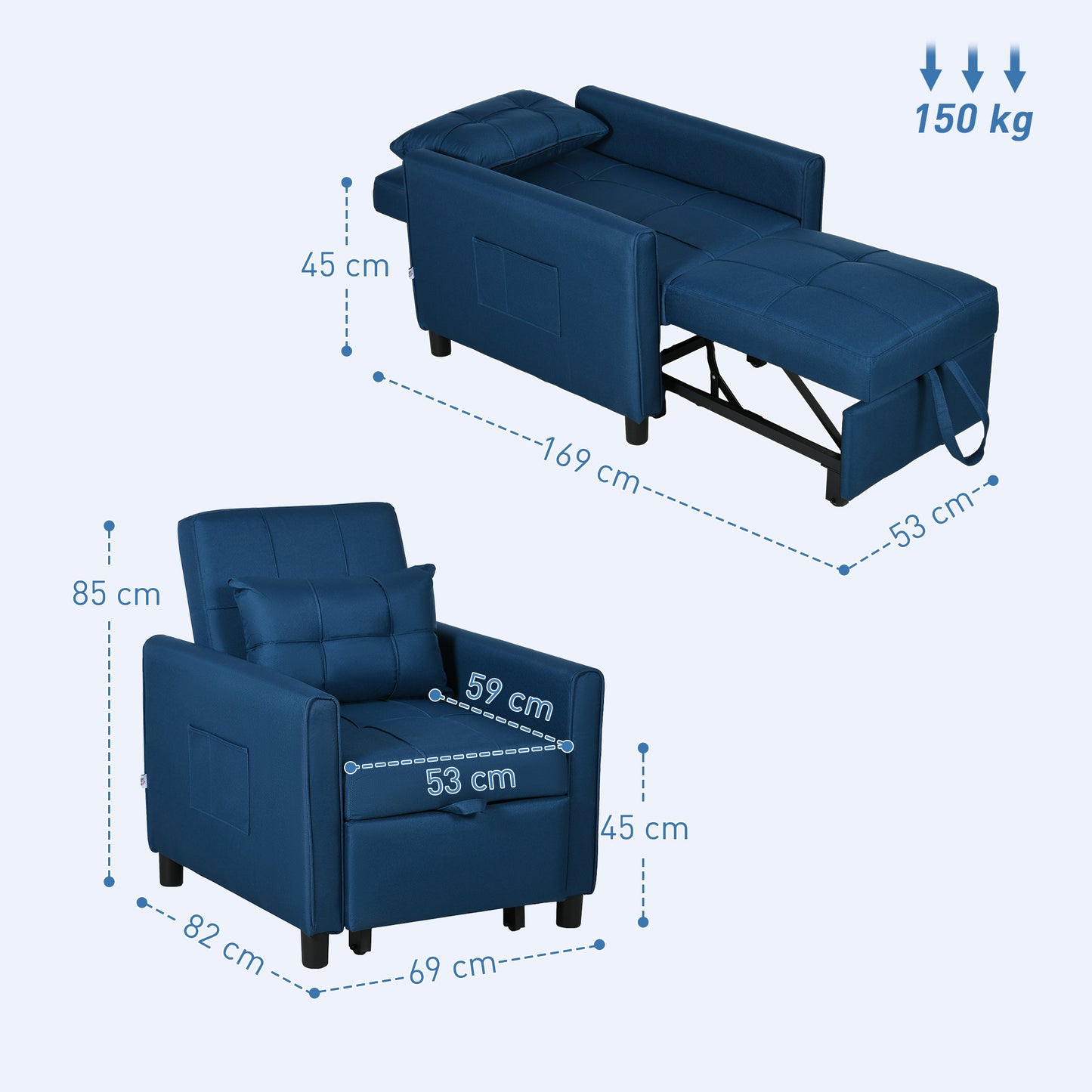 Linen-Look Single Chair Bed with Thick Padding - Blue