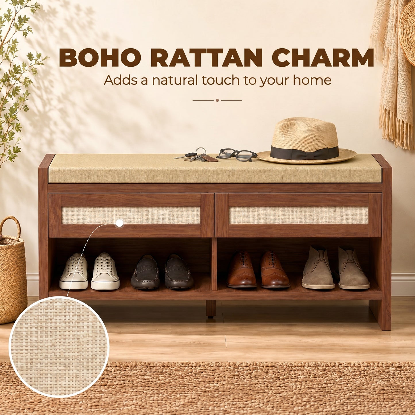 Boho Shoe Bench with 2 Rattan Drawers, Shoe Storage Bench with Cushioned Seat and Open Shelf Brown