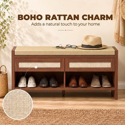 Boho Shoe Bench with 2 Rattan Drawers, Shoe Storage Bench with Cushioned Seat and Open Shelf Brown