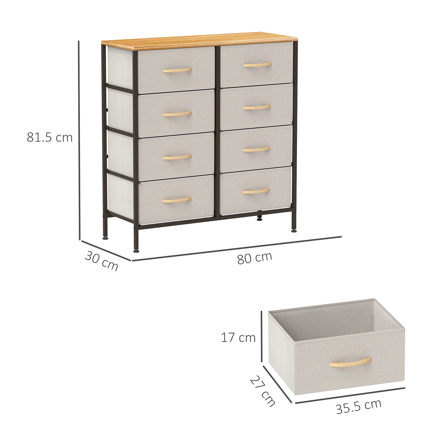 Fabric Chest of Drawers, Industrial Bedroom Dresser with 8 Fabric Drawers, Steel Frame and Wooden Top for Nursery